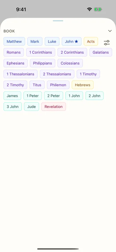 The passage builder’s book picker, showing every book of the New Testament as a selectable chip.