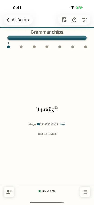 The front of a study card showing the Greek word Ἰησοῦς with stage dots and a tap-to-reveal prompt.